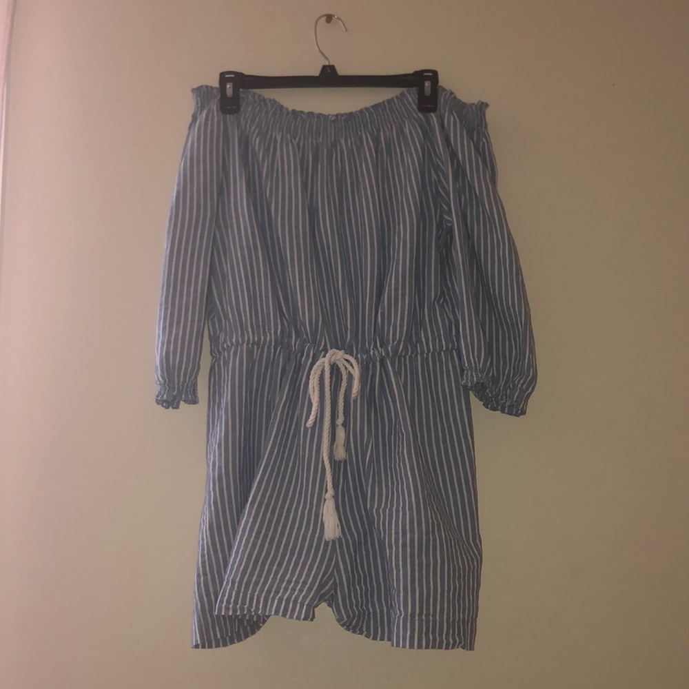 Off the shoulder Stripped Romper, adjustable waist